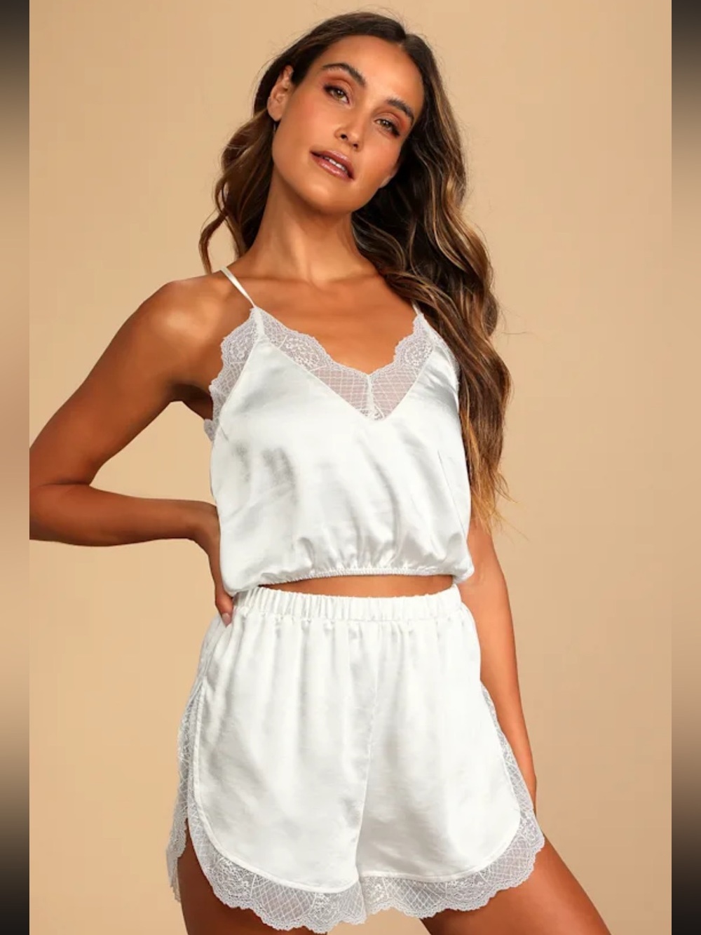 Lulus Satin Lace-Trim Cami and Shorts Set - White